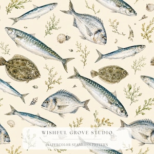 May include: A seamless pattern featuring watercolor illustrations of various fish, including mackerel, flounder, and sea bream, interspersed with green seaweed and small seashells on a cream background. Text reads WISHFUL GROVE STUDIO.