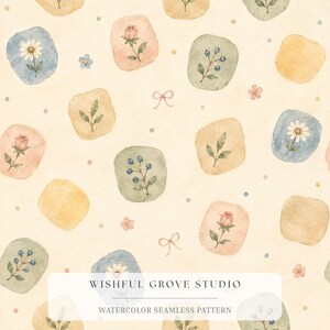 Puede incluir: Un patrón continuo con ilustraciones en acuarela de rosas, margaritas, bayas y hojas sobre manchas de colores suaves en un fondo crema. Pequeños lazos y puntos están dispersos. El texto dice WISHFUL GROVE STUDIO.