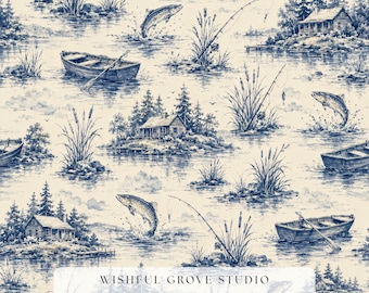Blue Fishing Toile Seamless Pattern, Lake Cabin Digital Paper, Gift for Dad Fisherman Wallpaper, Rustic Lodge Fabric, Masculine Angler Print