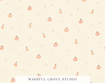 Motif aquarelle de citrouilles, courges pêche et petites marguerites sur fond crème, imprimé sans couture automnal doux