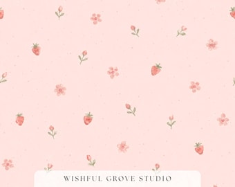 Motif floral sans couture aux fraises | Aquarelle de petits fruits, fleurs roses et boutons | Tissu Cottagecore, impression de papier peint