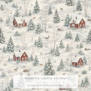 Könnte beinhalten: Ein nahtloses Muster mit roten Hütten in einer verschneiten Landschaft mit Tannen, Birken, Hirschen, Füchsen und Hasen. Der Text WISHFUL GROVE STUDIO WATERCOLOR SEAMLESS PATTERN ist unten mittig über der Winterszene platziert.
