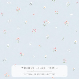 May include: A light blue background featuring a repeating watercolour pattern of small pink and white flowers with green stems. A white rectangular label at the bottom displays the text WISHFUL GROVE STUDIO and WATERCOLOR SEAMLESS PATTERN.