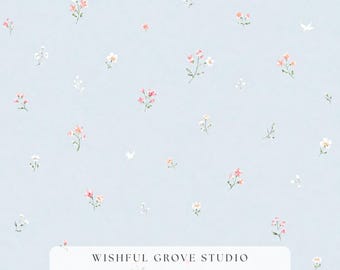 Petits motifs floraux sans couture, aquarelles fleurs bleu rose, impression petite maison de petits oiseaux, papier peint pour chambre d'enfant, design de tissu romantique