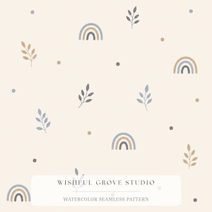 May include: A seamless pattern on a cream background featuring repeating watercolor illustrations of small blue and tan rainbows, leafy sprigs in blue and tan, and scattered dots. The text WISHFUL GROVE STUDIO WATERCOLOR SEAMLESS PATTERN is visible.