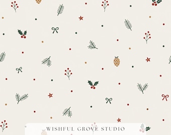 Motif sans couture de houx de Noël, papier peint avec petites branches de sapin et pommes de pin, imprimé festif rouge et vert pour tissu, téléchargement de papier cadeau minimaliste