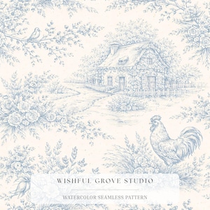 May include: A seamless pattern featuring blue ink-style illustrations on a cream background. The design includes a cottage, a rooster, floral arrangements, and a bird on a branch. Text reads WISHFUL GROVE STUDIO WATERCOLOR SEAMLESS PATTERN.