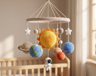 Móvil de ganchillo para bebé, móvil para cuna del sistema solar, decoración espacial para guardería, juguete colgante hecho a mano