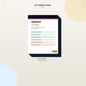 Könnte beinhalten: Ein Leitfaden mit dem Titel "SAT PARENT GUIDE 2026" mit einem marineblauen Rand. Das Cover des Leitfadens zeigt den Titel "PARENT GUIDE" in großen, fetten Buchstaben und eine Liste von Themen, darunter "Das SAT verstehen" und "Ihre Rolle als Eltern". Der Leitfaden hat 12 Seiten.