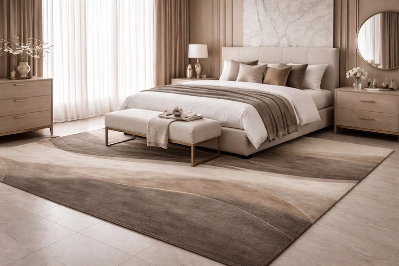 May include: A bedroom scene featuring a large bed with a neutral color palette. The room includes a patterned rug in shades of brown and beige, a bench, dressers, and a round mirror. Soft curtains and a lamp add to the ambiance.
