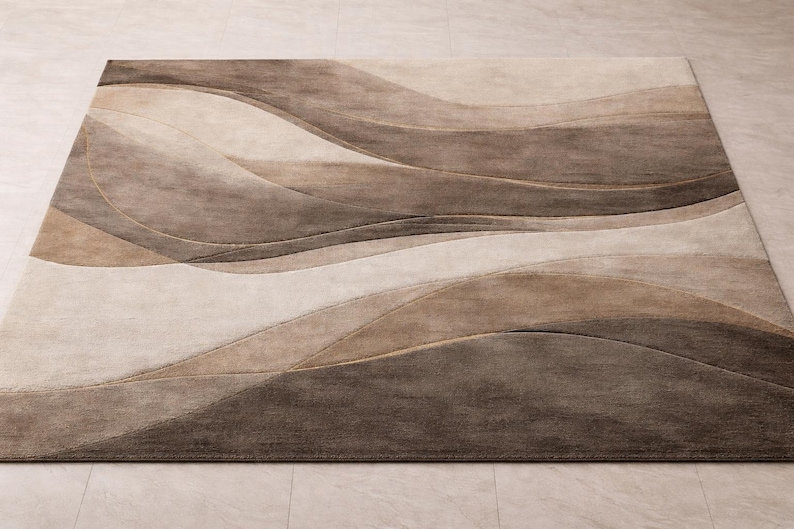 May include: A rectangular area rug with a flowing, wave-like design in shades of brown, beige, and tan. The rug's pattern creates a sense of movement and depth, suitable for living rooms or bedrooms. The rug is made of a soft material.