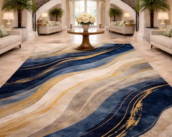 Blue and Gold Marble Wave Area Rug – Modern Abstract Carpet