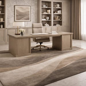 May include: A home office with a large wooden desk, a beige office chair, and built-in bookshelves. A large area rug with a wave pattern in shades of brown and beige covers the floor. A framed landscape painting hangs on the wall.