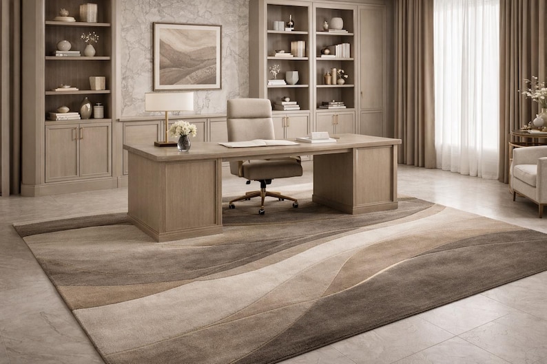 May include: A home office with a large wooden desk, a beige office chair, and built-in bookshelves. A large area rug with a wave pattern in shades of brown and beige covers the floor. A framed landscape painting hangs on the wall.