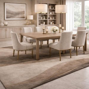 May include: A dining room scene featuring a rectangular wooden table surrounded by six upholstered chairs. A large area rug with a wave pattern in shades of beige and brown covers the floor. The room has neutral tones and natural light.