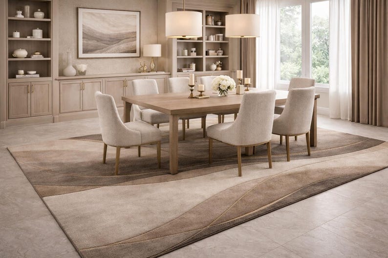 May include: A dining room scene featuring a rectangular wooden table surrounded by six upholstered chairs. A large area rug with a wave pattern in shades of beige and brown covers the floor. The room has neutral tones and natural light.