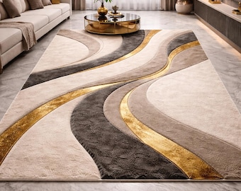Luxury Hand-Tufted Abstract Carpet with Gold Accents | Modern Ivory & Charcoal Area Rug