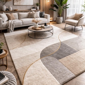 Hand-Tufted Abstract Rug – Beige & Grey Geometric Carpet with Gold Detail