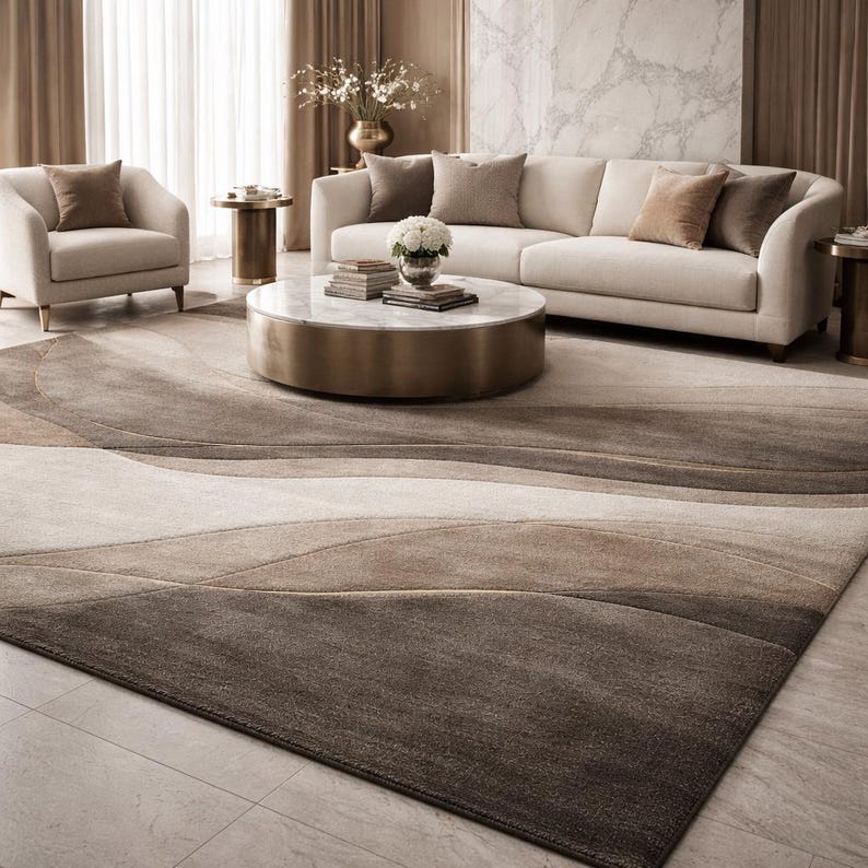 May include: A large, rectangular area rug with a wave-like pattern in shades of brown, beige, and cream. The rug is placed in a living room setting with a sofa, armchair, and coffee table. The rug's design adds a touch of elegance.