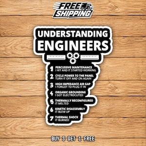 May include: A white sticker with the text "UNDERSTANDING ENGINEERS" in bold, black letters. Below, numbered troubleshooting steps are listed. The sticker also includes the text "FREE SHIPPING" and "BUY 3 GET 1 FREE".