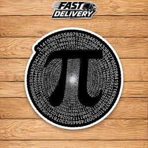 May include: A circular sticker featuring a large black mathematical pi symbol centered on a black background filled with white digits of pi arranged in a spiral pattern. Above the sticker, the text FAST DELIVERY is printed in black.