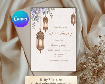 May include: A digital printable invitation template, 5" by 7" in size, for an Iftar Party. The design features ornate lanterns, floral accents, and event details. The Canva logo is visible in the upper left corner.