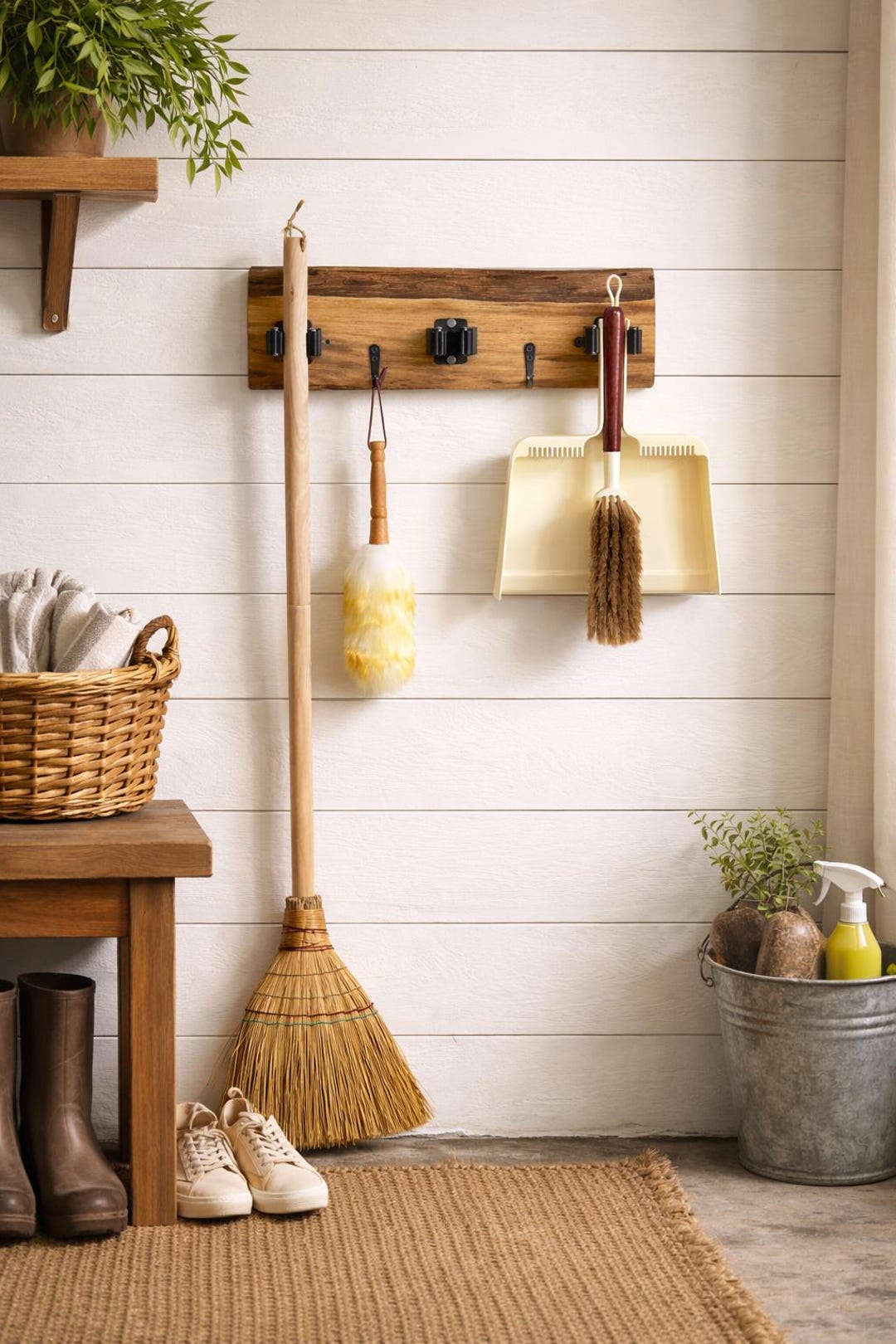 Handmade Live Edge Walnut Wall Mount Broom & Mop Organizer | Wood ...