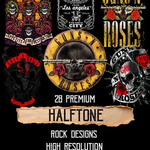 Puede incluir: Una colección de diseños de rock and roll con la banda Guns N' Roses. Los diseños incluyen calaveras, rosas y el logotipo de la banda en varios estilos. El texto incluye "Appetite for Destruction", "Paradise City" y "28 Premium Halftone Rock Designs".