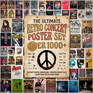 Op de afbeelding: Een verzameling retro concertposters met iconische bands als The Beatles, Nirvana en The Who. De centrale poster adverteert een digitale download van meer dan 1000+ posters. De posters zijn in verschillende kleuren en stijlen.
