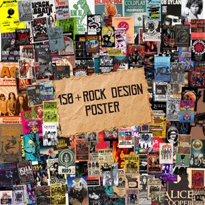 Op de afbeelding: Een collage van rockbandposters, met bands als Metallica, Kiss en The Beatles. Het centrale element is een bruin papieren bord met de tekst "150+ ROCK DESIGN POSTER". De posters zijn kleurrijk en gevarieerd en tonen verschillende albumhoezen en bandlogo's.
