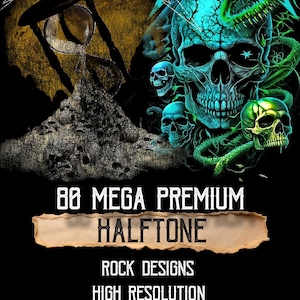 May include: A digital graphic featuring the Metallica logo and skull imagery. The design includes a large, detailed skull with turquoise and green accents, and the text "80 MEGA PREMIUM HALFTONE ROCK DESIGNS HIGH RESOLUTION CLEAR BACKGROUND."