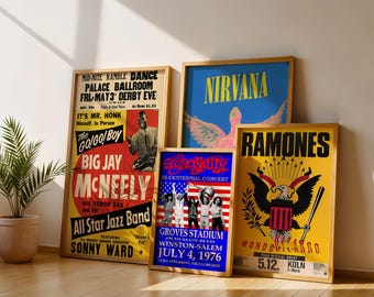 May include: A collection of framed concert posters. The posters feature vibrant colors and bold text, including "Nirvana," "Ramones," and "Big Jay McNeely." The posters are displayed against a neutral wall, with a potted plant in the corner.