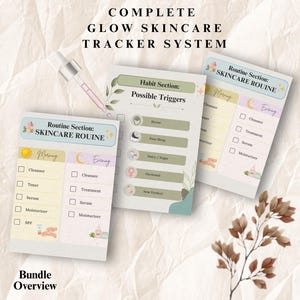 May include: A complete glow skincare tracker system featuring three printed sheets with checklists for morning and evening routines, a habit section for tracking possible triggers, and icons for skincare products, all displayed on a textured background.