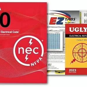 May include: A collection of electrical reference books, including the "NFPA 70 National Electrical Code 2023" in red, "EZ Tabs for the NEC", and "Ugly's Electrical References 2023 Edition" in yellow. The books are for electrical professionals.