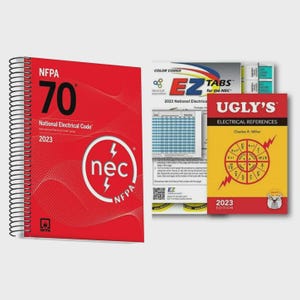 May include: A collection of electrical reference books. The main book is red with the text "NFPA 70 National Electrical Code 2023". Other books include "EZ Tabs" and "Ugly's Electrical References 2023 Edition".