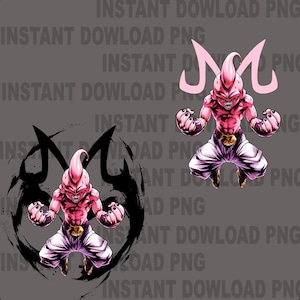 May include: Two digital illustrations of a pink character from Dragon Ball Z. One image features the character with a black outline and the letter "M". The other image shows the character with a pink "M" symbol.