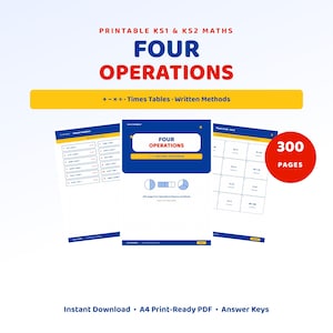 May include: A printable math workbook set for KS1 and KS2 featuring 300 pages of four operations, times tables, and written methods. The document includes column addition worksheets, flashcards, and answer keys in an A4 print-ready PDF format.