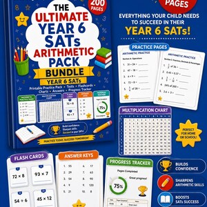 Könnte beinhalten: Ein digitales Arithmetik-Paket für Year 6 SATs mit 200 Seiten an Übungsblättern, Tests, Lernkarten, Tabellen und einem Fortschritts-Tracker. Das blaue Cover zeigt den Text THE ULTIMATE YEAR 6 SATs ARITHMETIC PACK BUNDLE.