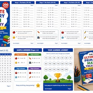 May include: A maths workbook, "The Ultimate Primary Math Treasury", for primary school children, covering years 1-7. It has 200 pages of arithmetic practice, including addition, subtraction, multiplication, and division, plus a multiplication chart.