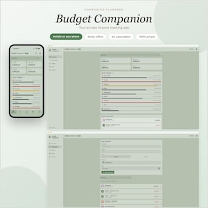 Könnte beinhalten: Eine digitale Benutzeroberfläche für die Finanz-Tracking-App "Budget Companion", die auf einem Smartphone und einem Computerbildschirm angezeigt wird. Die App-Oberfläche ist hellgrün mit weißem Text und Grafiken. Die App-Funktionen umfassen "Auf Ihrem Telefon installieren", "Funktioniert offline", "Kein Abonnement" und "100% privat".