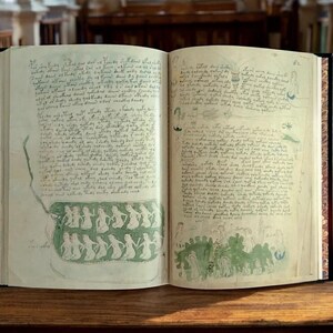 May include: An open book with aged, yellowed pages. The pages are filled with handwritten text and illustrations in green ink. The left page features a green illustration of figures, while the right page has a similar illustration. The book is on a wooden surface.