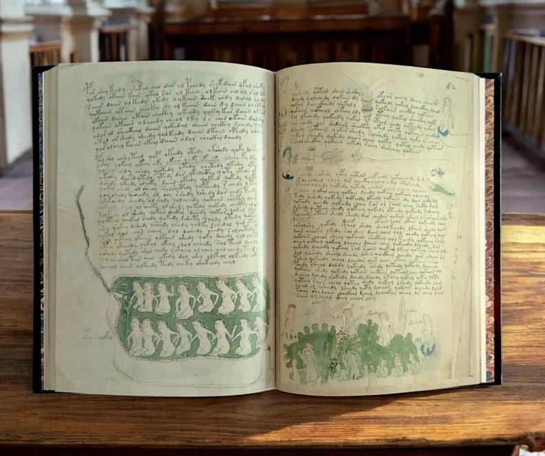 May include: An open book with aged, yellowed pages. The pages are filled with handwritten text and illustrations in green ink. The left page features a green illustration of figures, while the right page has a similar illustration. The book is on a wooden surface.