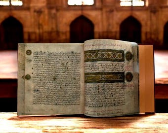 May include: An open antique book with aged pages filled with handwritten text and decorative elements. The book has a brown spine and is resting on a wooden surface, with a blurred architectural background.