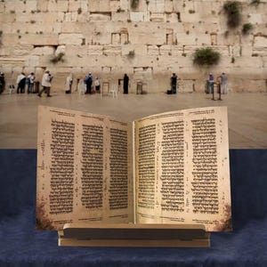 May include: An open book with Hebrew text, displayed on a wooden stand. The pages are aged with a sepia tone. The background features the Western Wall and people in prayer.
