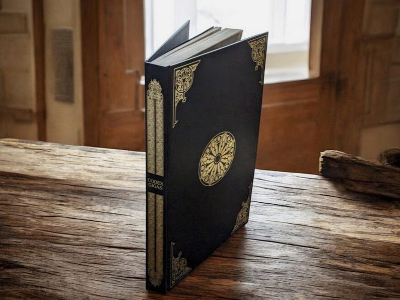 May include: A black book with gold decorative accents and the text "Codex Gigas" on the spine. The book has a gold circular design on the cover and is open to reveal the pages. The book is on a wooden surface.