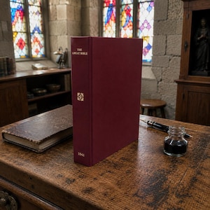 May include: A burgundy-colored book titled "THE GREAT BIBLE" with gold lettering and a decorative emblem. The book is standing upright on a wooden desk next to an open, aged book and a glass inkwell with a pen. The year "1541" is printed on the spine.