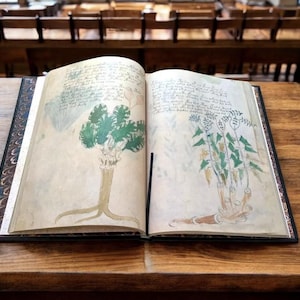 May include: An open book with aged pages, featuring botanical illustrations in green and tan. The drawings depict plants with detailed roots and foliage, accompanied by handwritten text. The book is bound in black with decorative marbled endpapers, resting on a wooden table.