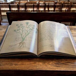 May include: An open, antique book with botanical illustrations on a wooden table. The left page features a detailed drawing of a plant with roots, stem, and leaves in green and brown. The right page is filled with handwritten text.