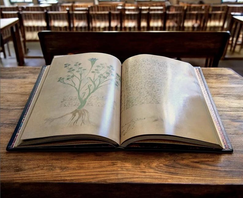 May include: An open, antique book with botanical illustrations on a wooden table. The left page features a detailed drawing of a plant with roots, stem, and leaves in green and brown. The right page is filled with handwritten text.