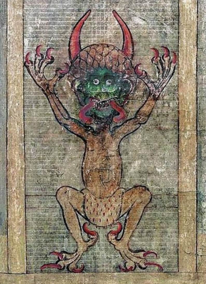 May include: Illustration of a demonic figure with a green face, red horns, and a long red tongue. The figure has clawed hands and feet, and is depicted in a squatting position. The artwork is on aged paper.